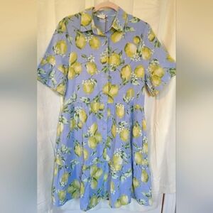 Linen Blend Lemon Print Blue Dress